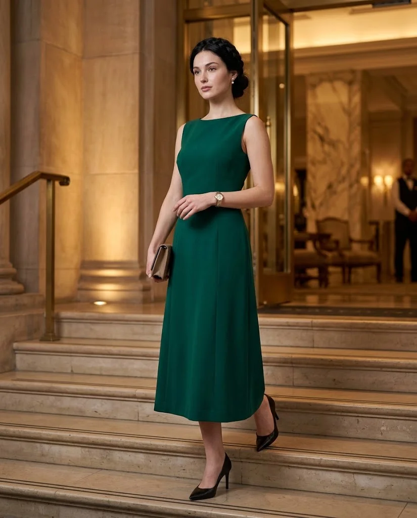 women wearing Jewel-Tone Midi Dress With Pearl Accessories