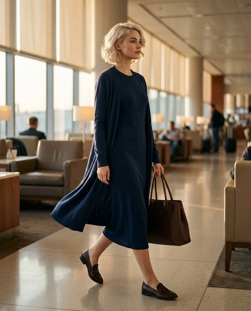 Old Money Airport Outfits: 20+ Chic Travel Looks for Women 17 women wearing Knit Dress With a Long Cardigan