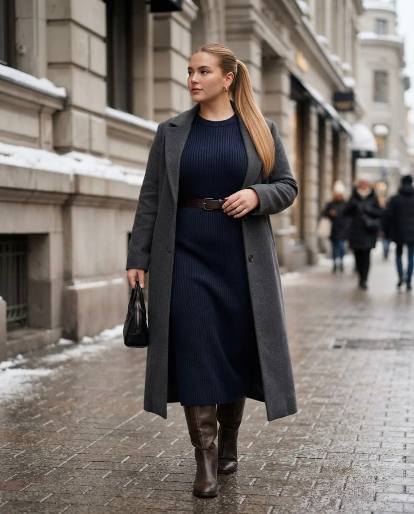 Plus Size Winter Outfits for Women: 15 Warm and Stylish Ideas 7 Knit Maxi Dress With Knee-High Boots, a feminine plus size winter outfit idea
