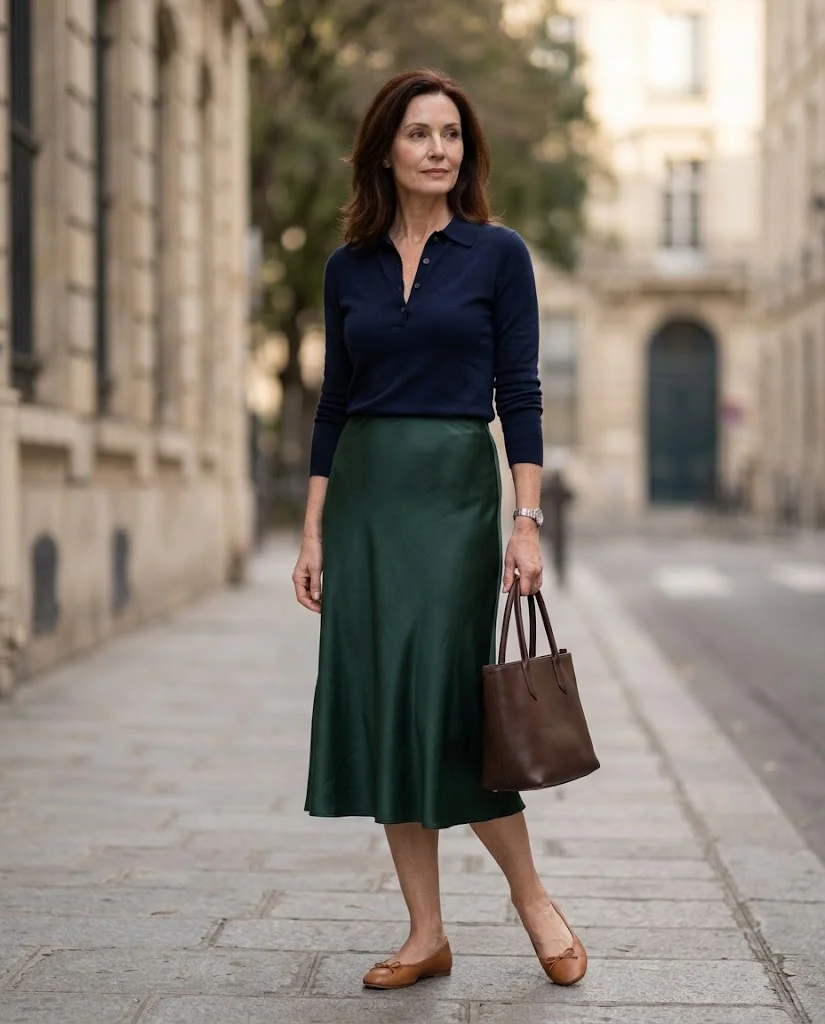 women wearing Knit Polo With a Fluid Midi Skirt