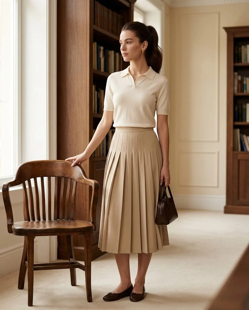 women wearing Knit Polo With a Pleated Midi Skirt