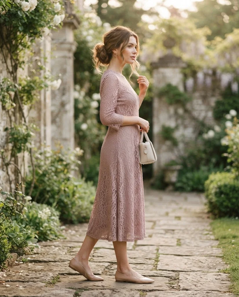 women wearing  Lace Midi Dress With Elegant Flats