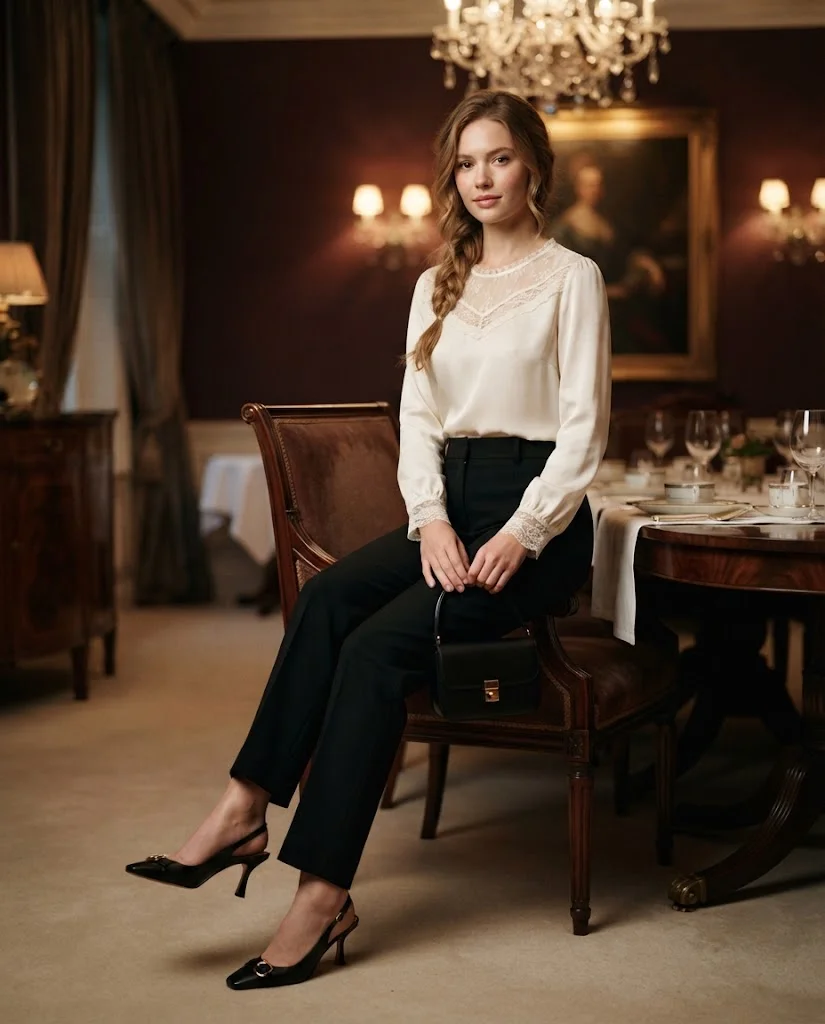 women wearing Lace-Trim Blouse With Tailored Black Trousers