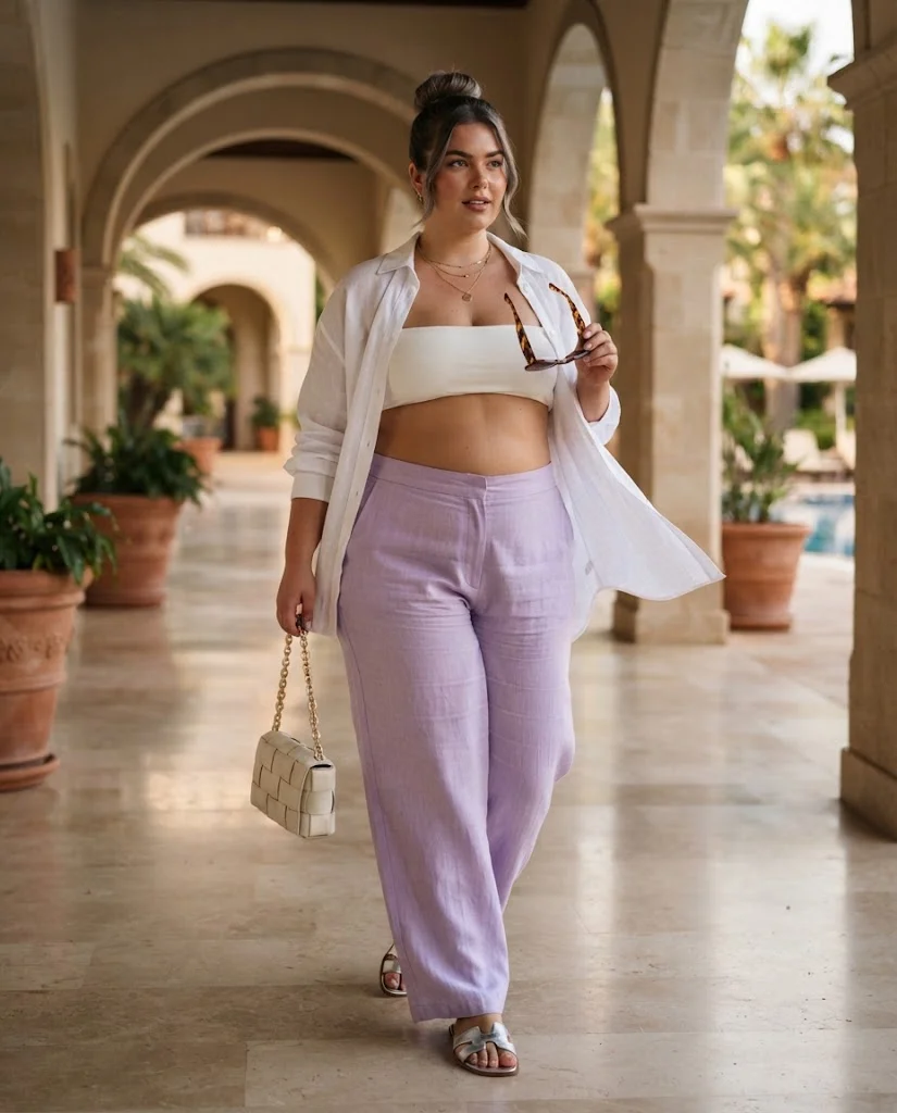 Lavender Linen Trousers With a White Bandeau-Style Top Plus Size Resort Wear Outfit