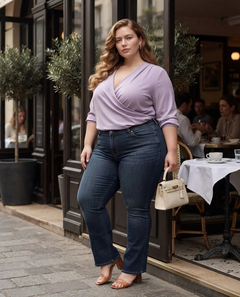 Plus Size Brunch Outfits for Women: 15 Stylish Ideas 9 Lavender Wrap Top With Dark-Wash Bootcut Jeans Plus Size Brunch Outfit