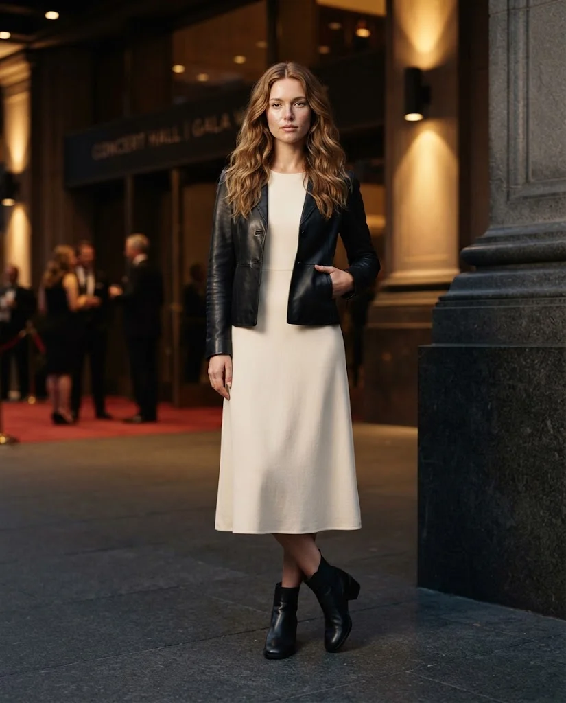 women wearing Leather Jacket Over a Simple Midi Dress
