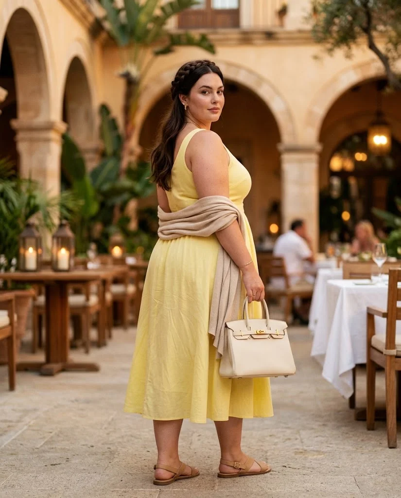 Plus Size Vacation Dinner Outfits: Elegant Looks for Warm Evenings 7 Lemon Yellow Midi Dress With Neutral Sandals Plus Size Vacation Dinner Outfit