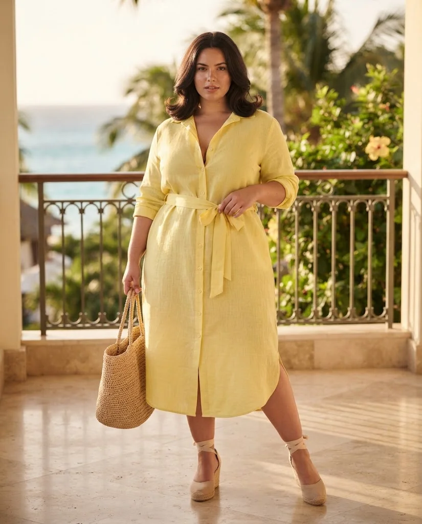 Lemon Yellow Shirt Dress With Espadrille Wedges Plus Size Resort Wear Outfit