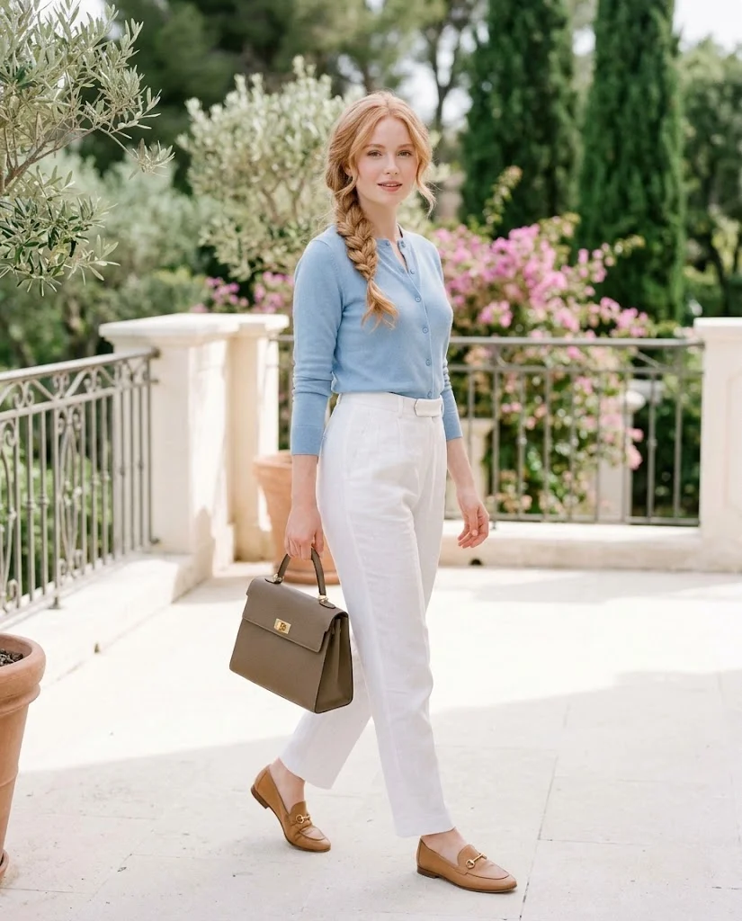 women wearing Light Blue Cardigan With White Trousers