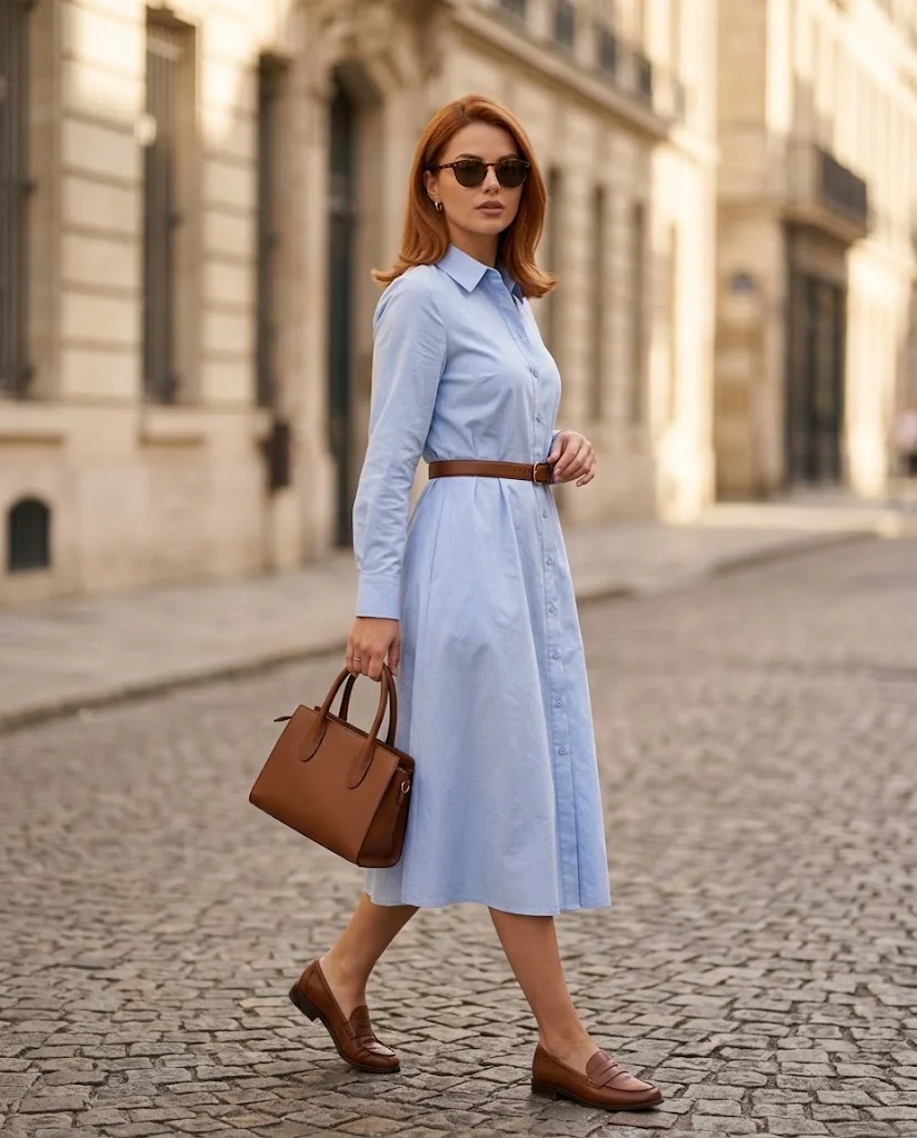 women wearing Light Blue Shirt Dress With Loafers