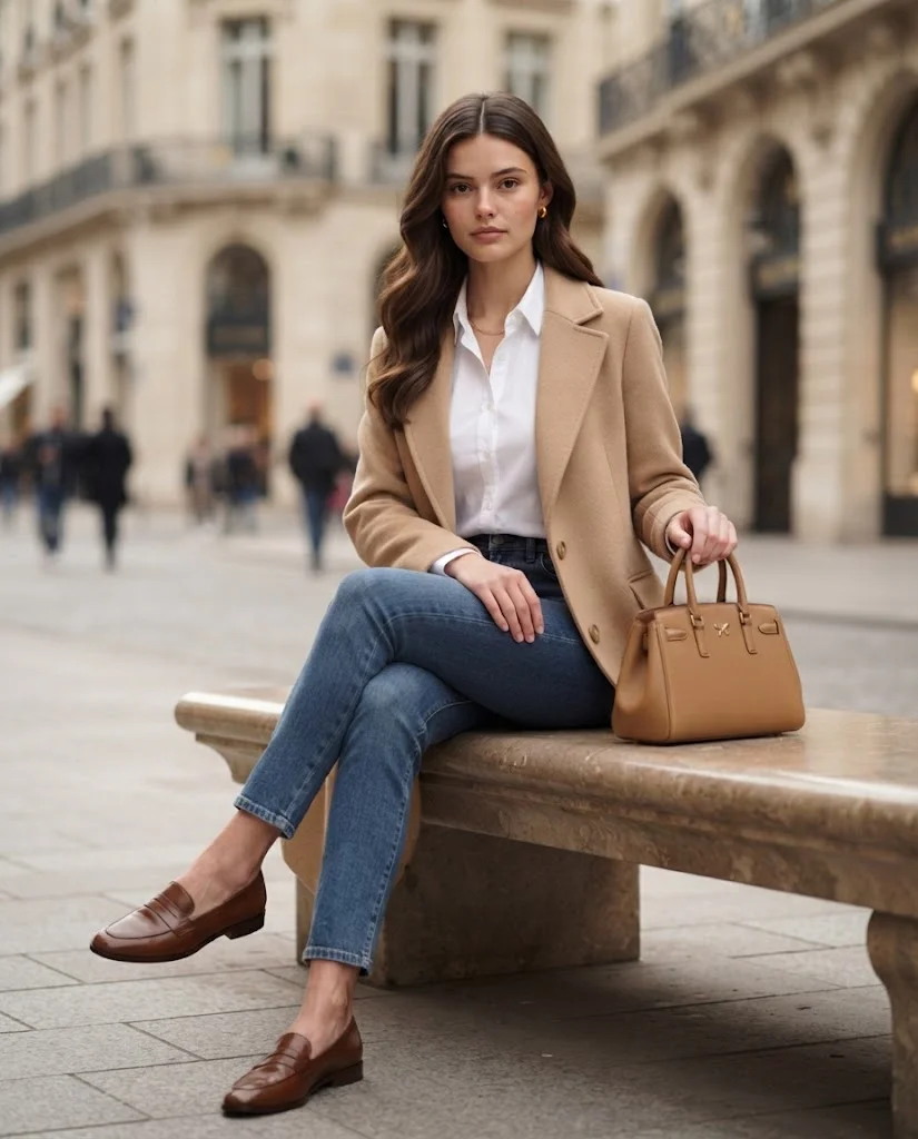 Light Camel Coat with White Shirt and Dark Denim, an elegant old money warm-weather fall outfit for women