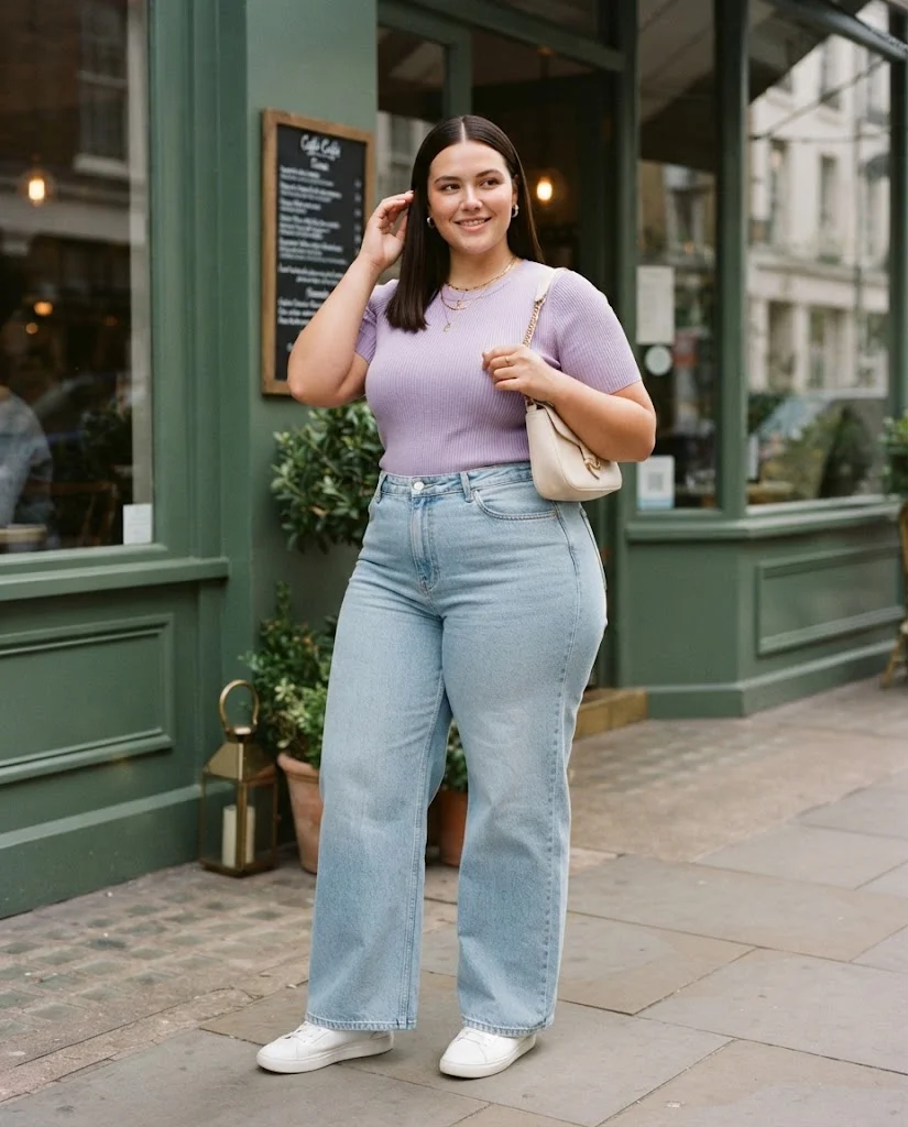 Light-Wash Wide-Leg Jeans With a Fitted Lavender Top Plus Size Casual Outfit