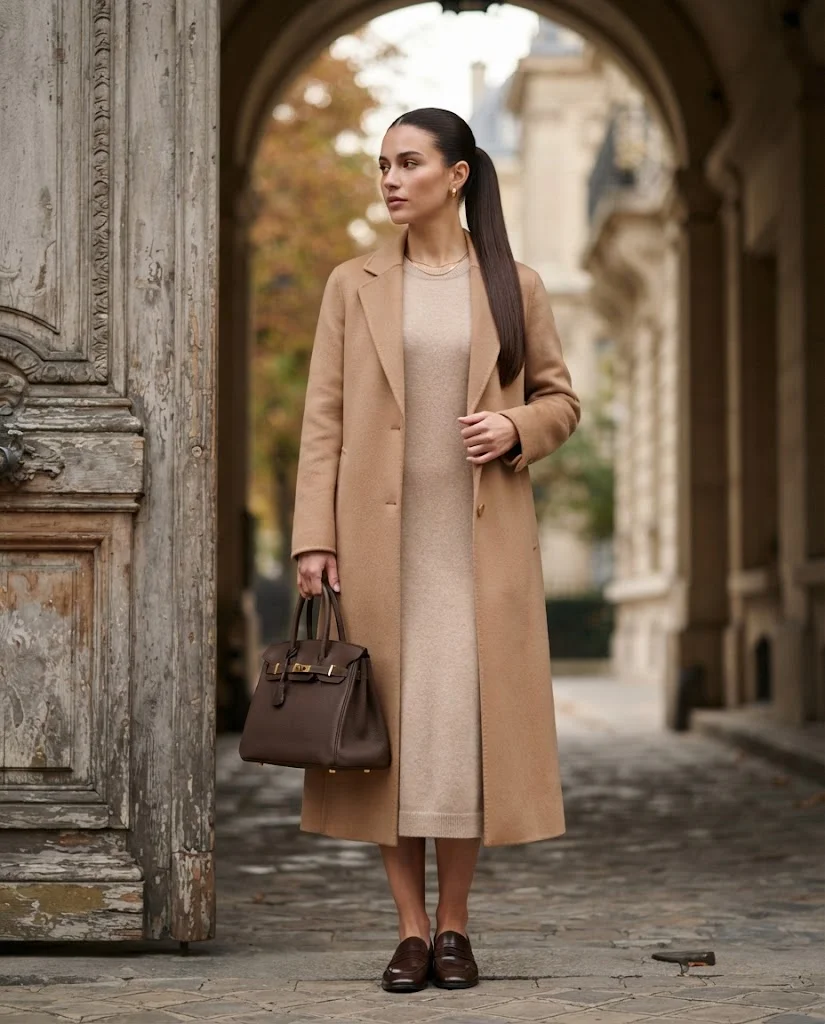 Light Wool Camel Coat with a Beige Knit Dress, an elegant old money warm-weather fall outfit for women