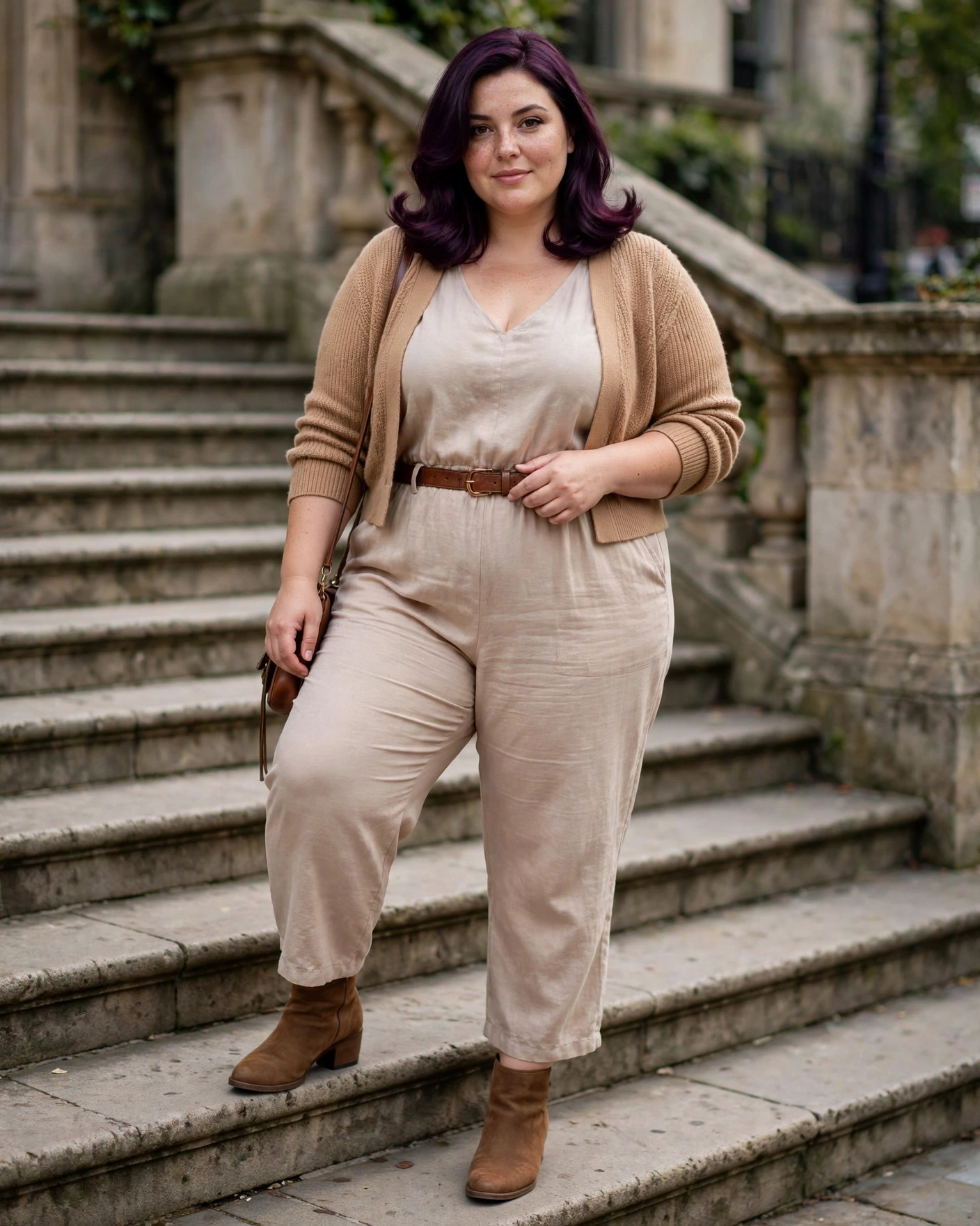 Lightweight Jumpsuit With a Cropped Cardigan Plus Size Early Fall Outfit