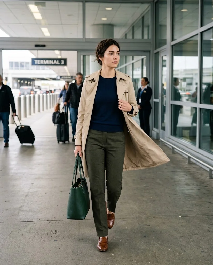 Old Money Airport Outfits: 20+ Chic Travel Looks for Women 9 women wearing Lightweight Trench Over a Simple Travel Outfit