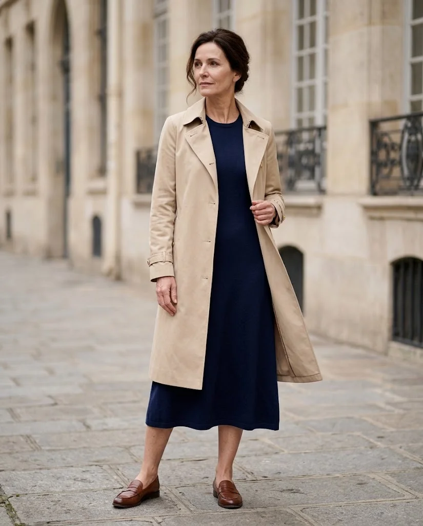  women wearing Lightweight Trench With a Fine-Knit Dress