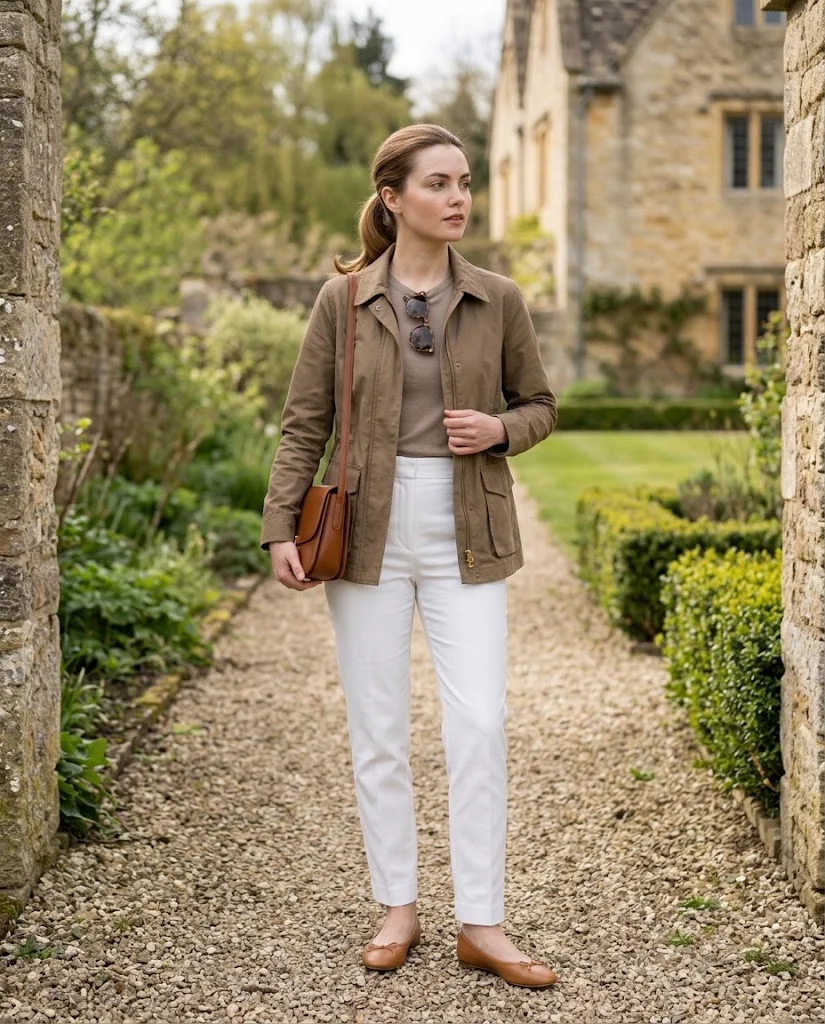 Casual Old Money Outfits for Women: 20+ Chic & Polished Ideas 10 women wearing Lightweight Utility Jacket With White Trousers