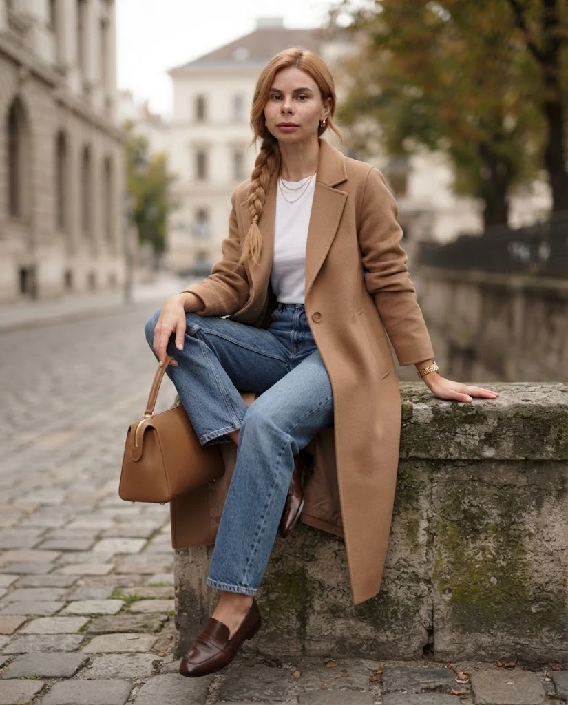 Lightweight Wool Coat with Relaxed Jeans and Loafers, an elegant old money warm-weather fall outfit for women