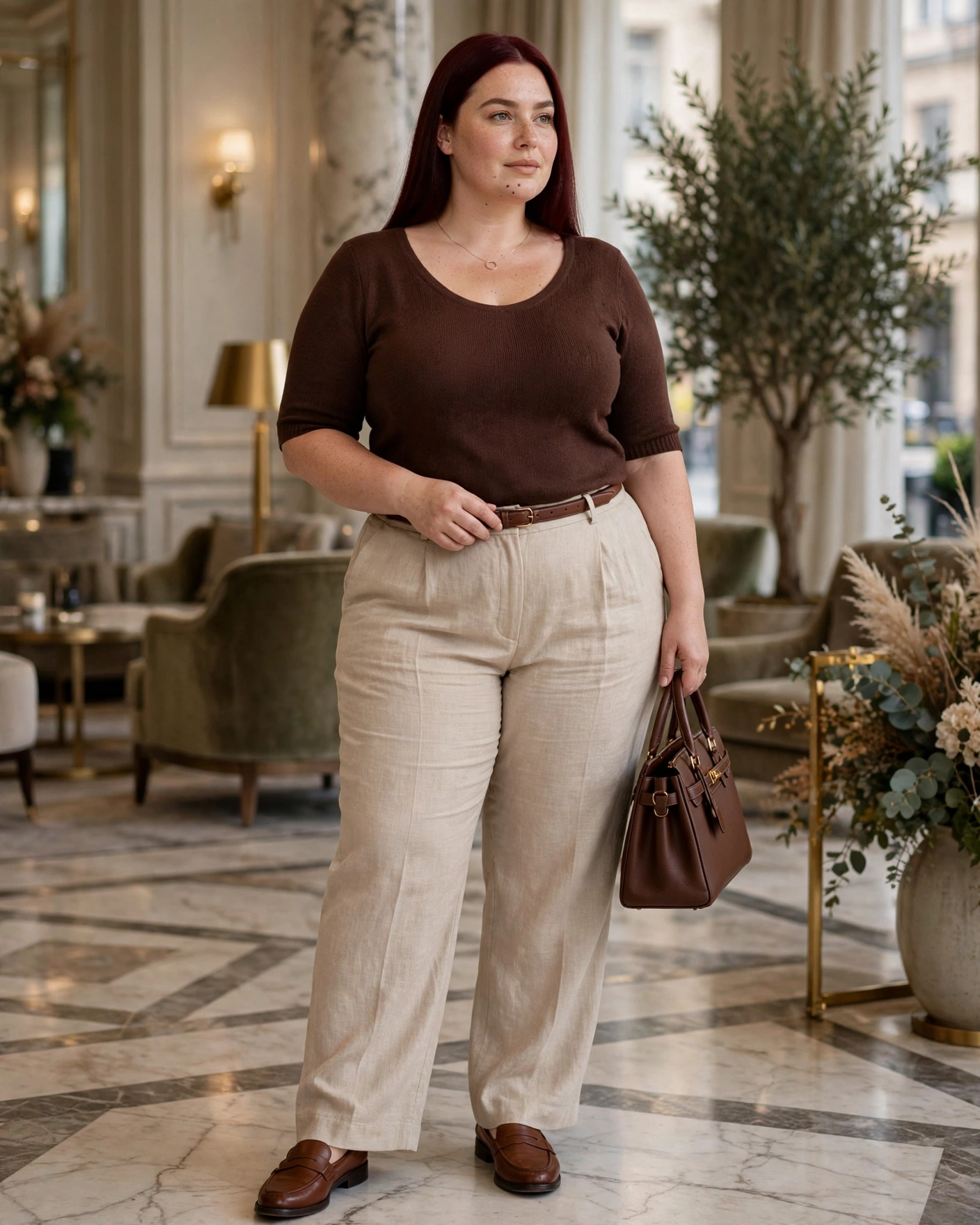 Linen-Blend Trousers With a Lightweight Knit Top Plus Size Early Fall Outfit
