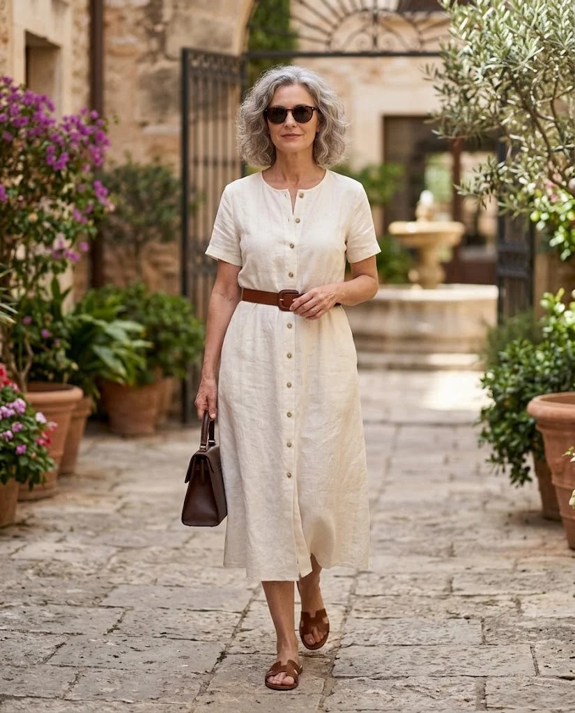 women wearing Linen Button-Front Dress With Leather Accessories