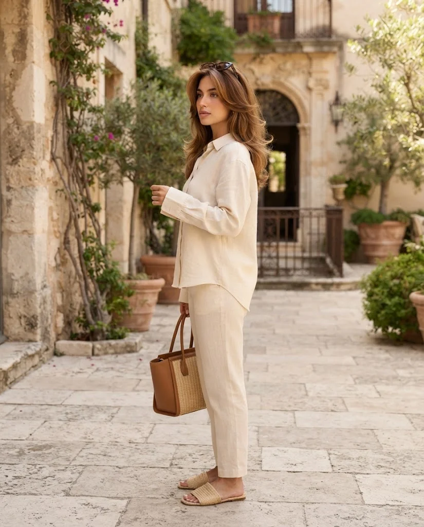 women wearing Linen Co-Ord With Woven Sandals