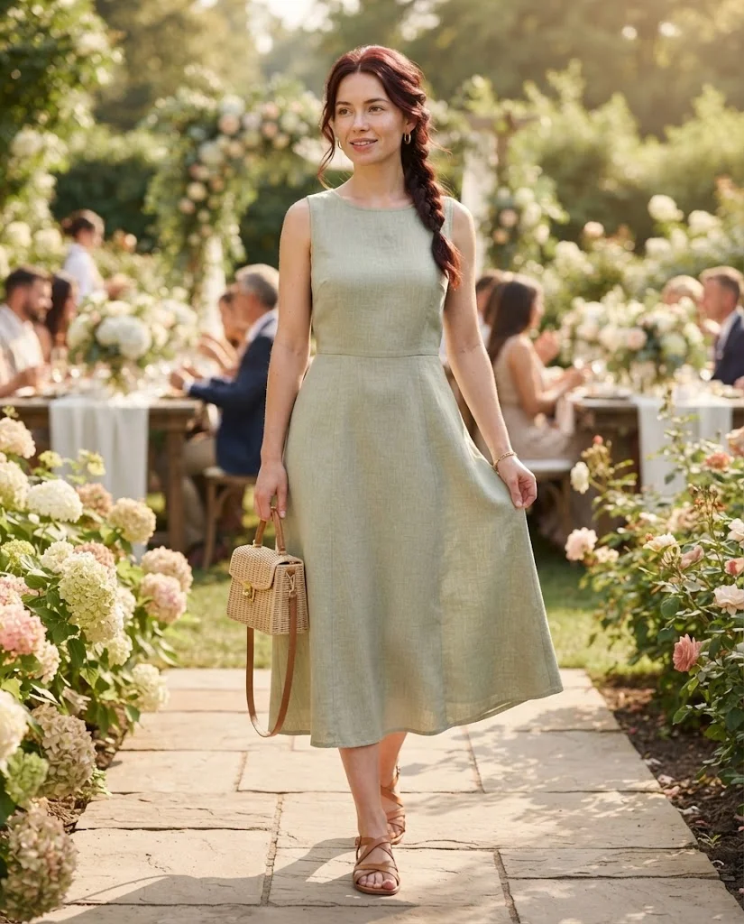 women wearing Linen Midi Dress With Woven Accessories
