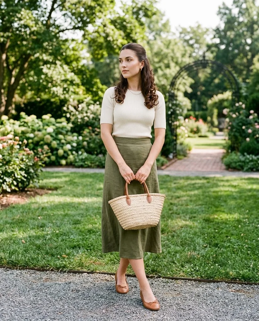 women wearing Linen Midi Skirt With a Fitted Knit Top