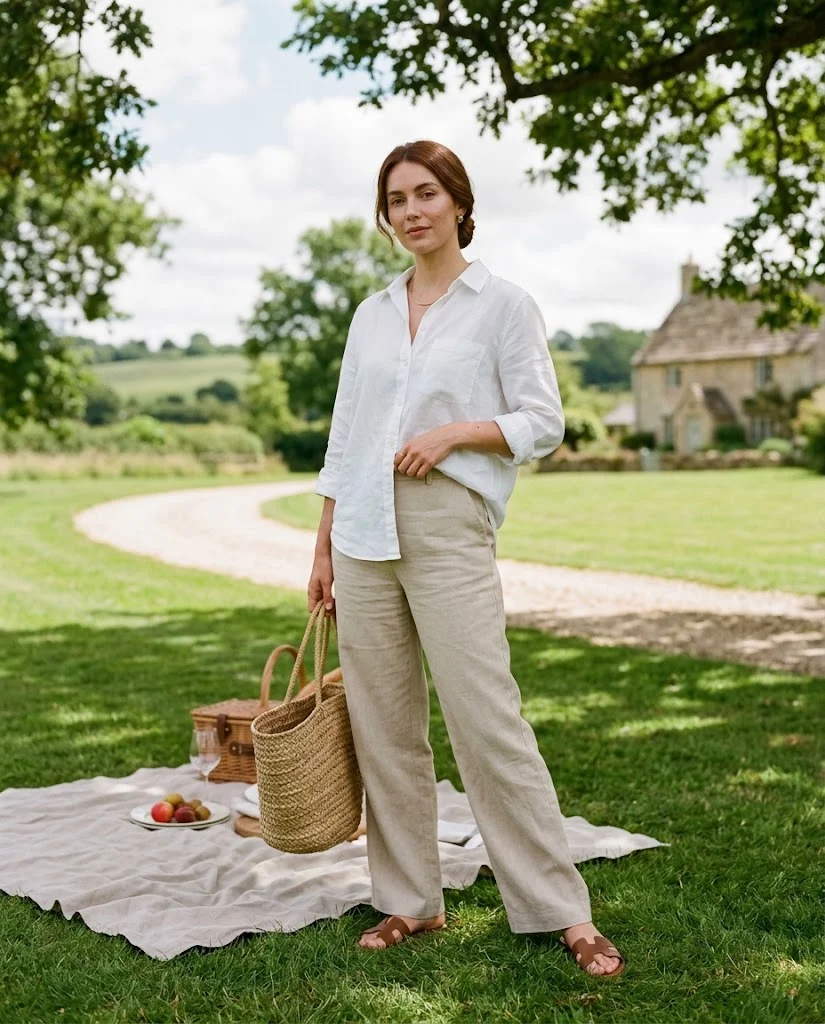 women wearing Linen Trousers With a Crisp White Shirt