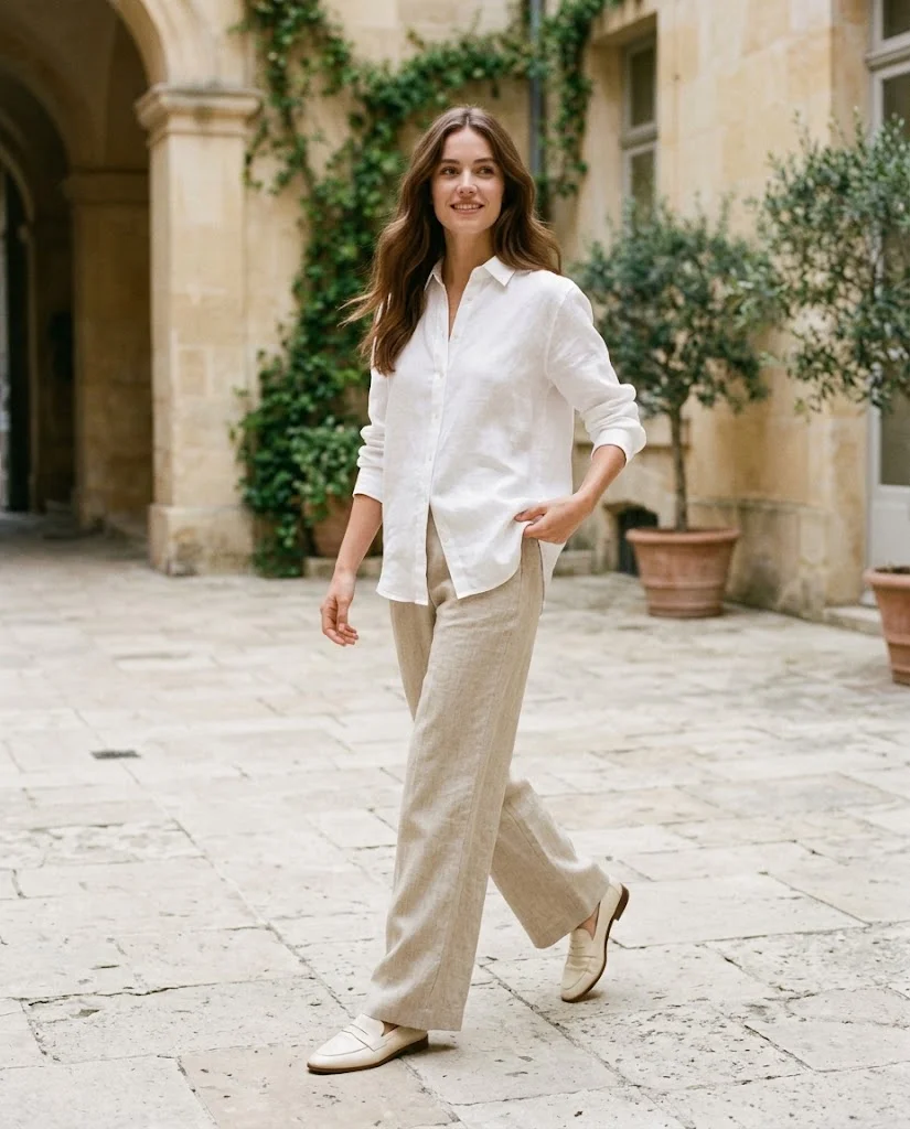 women wearing Linen Trousers and a Relaxed White Shirt