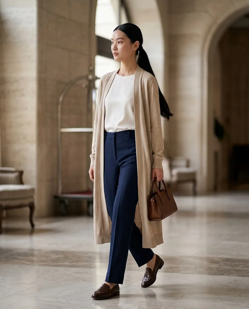 women wearing Long Cardigan With Straight Trousers