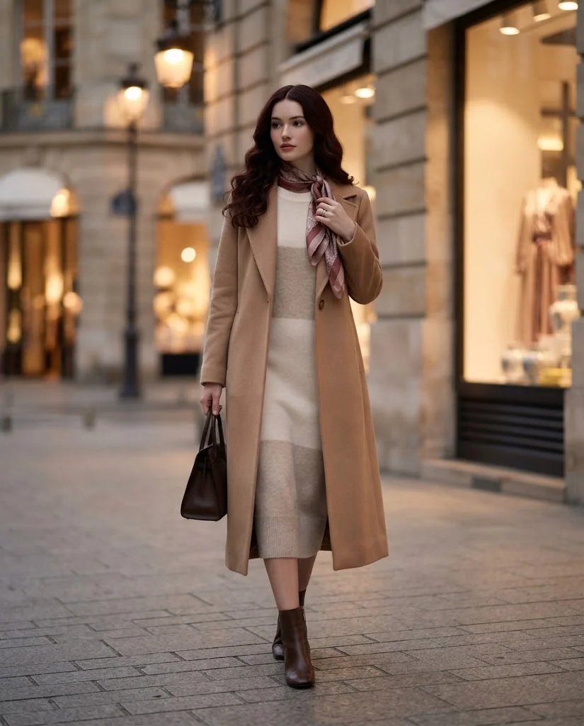 women wearing  Long Coat Over a Knit Dress