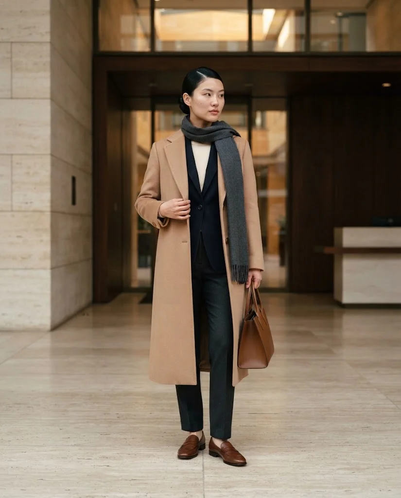 women wearing Long Coat Over a Tailored Office Outfit
