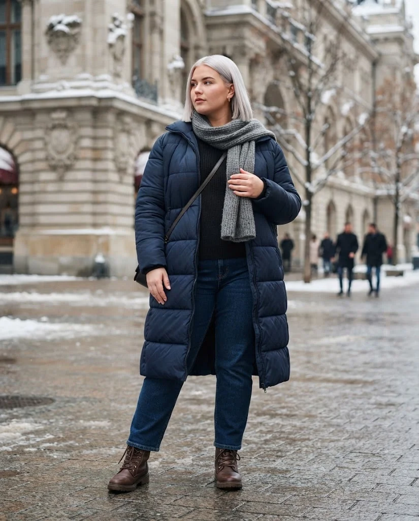 Plus Size Winter Outfits for Women: 15 Warm and Stylish Ideas 12 Long Puffer Coat With a Sweater and Straight-Leg Jeans, a practical plus size winter outfit