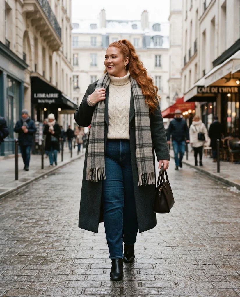 Plus Size Winter Outfits for Women: 15 Warm and Stylish Ideas 2 Long Wool Coat With a Chunky Turtleneck and Straight-Leg Jeans, a polished plus size winter outfit for women