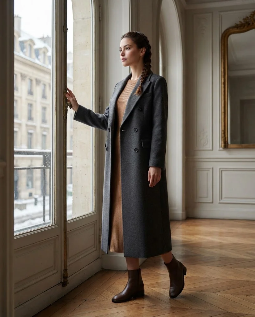women wearing Long Wool Coat With a Knit Dress