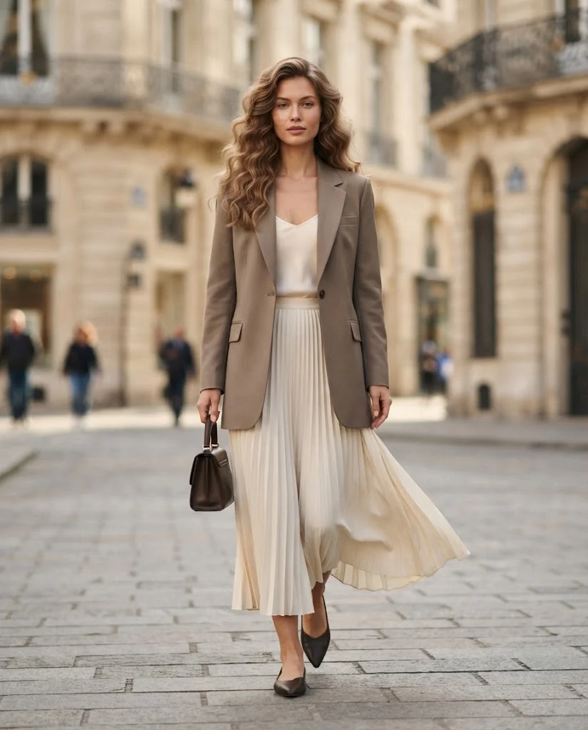 women wearing Longline Blazer With a Pleated Ankle Skirt