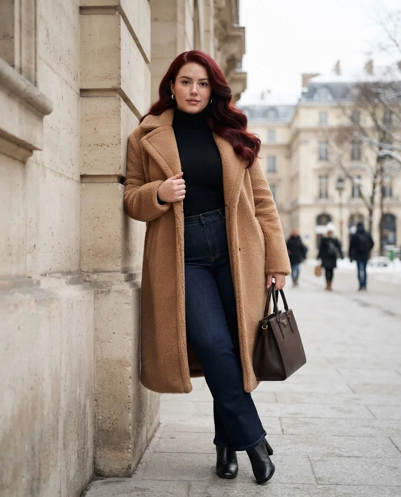Plus Size Winter Outfits for Women: 15 Warm and Stylish Ideas 6 Longline Teddy Coat With Dark Bootcut Jeans, a stylish plus size winter outfit for women