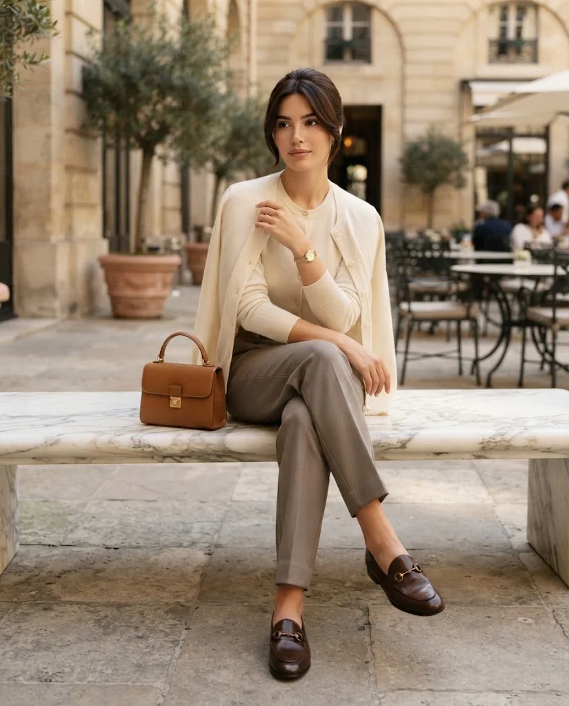 Matching Knit Cardigan Set with Tailored Pants, an elegant old money fall brunch outfit for women