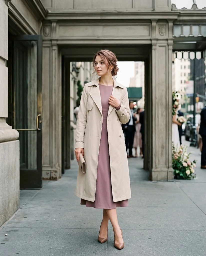 women wearing Mauve Dress With a Lightweight Trench