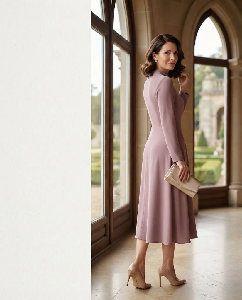 Mauve Long-Sleeve Midi Dress with Nude Pumps, an elegant wedding guest outfit for women over 50