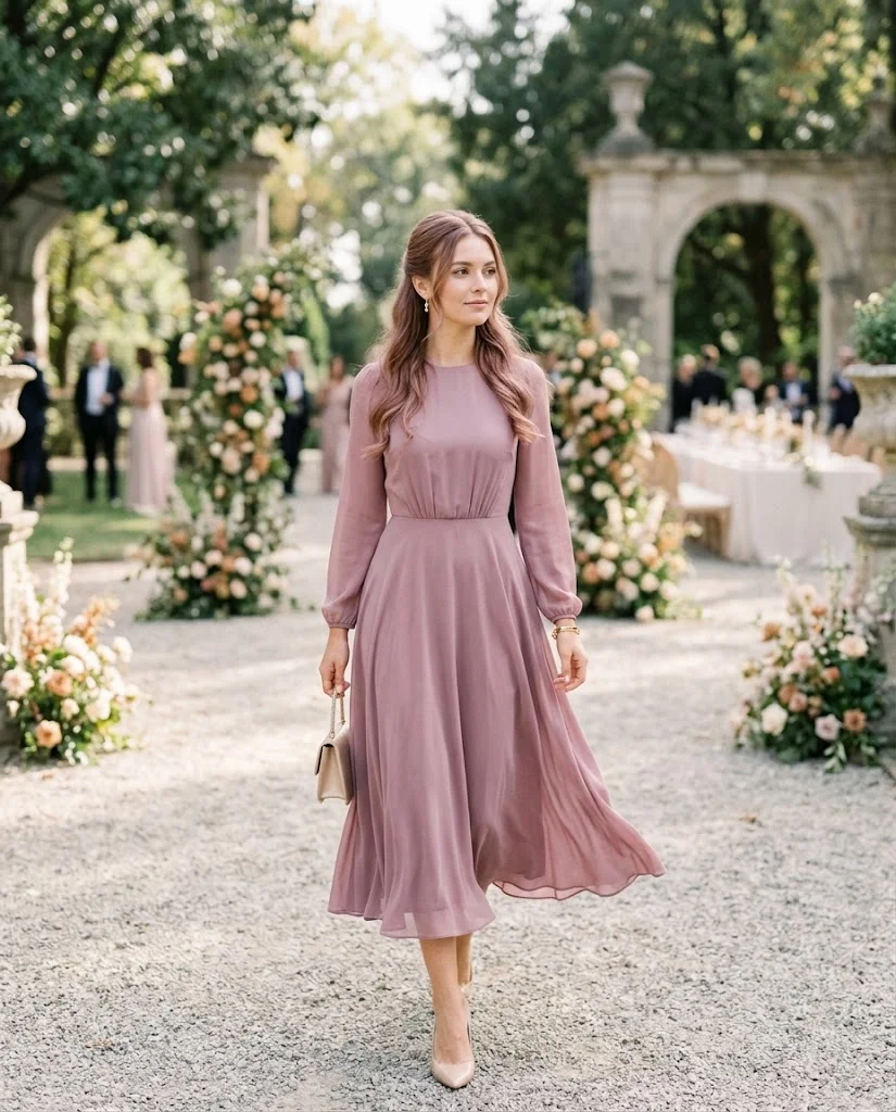 women wearing Mauve Long-Sleeve Midi Dress With Heels