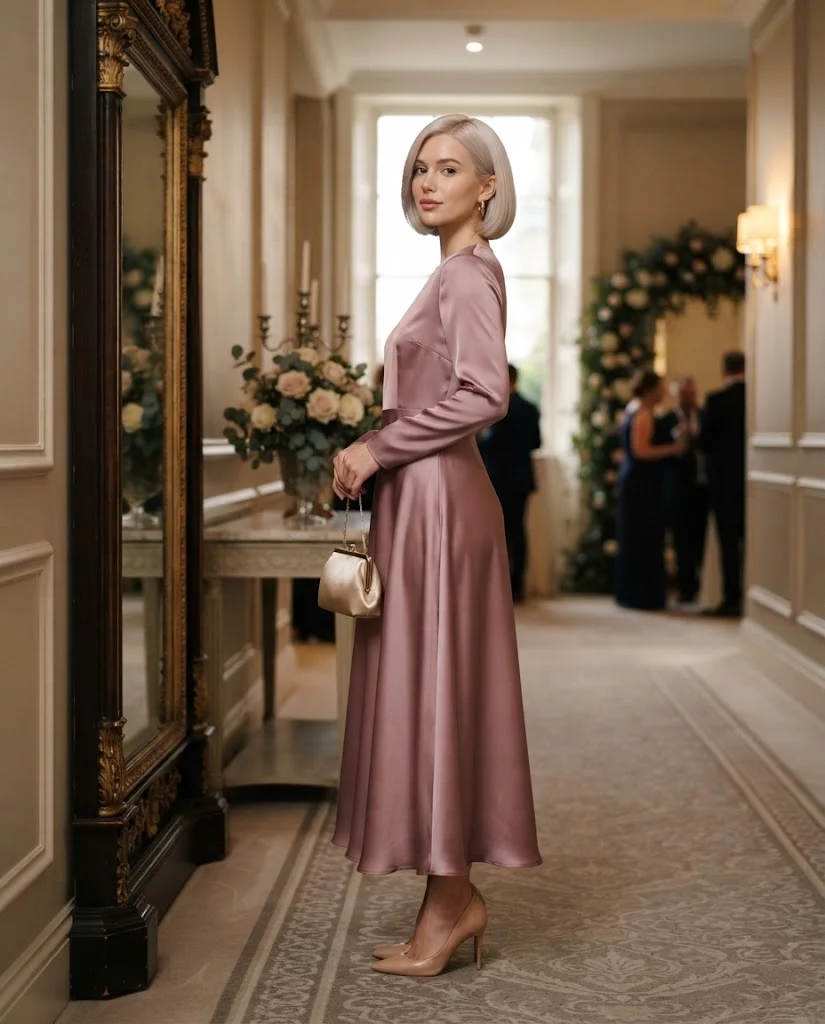 women wearing Mauve Long-Sleeve Satin Dress With Nude Pumps