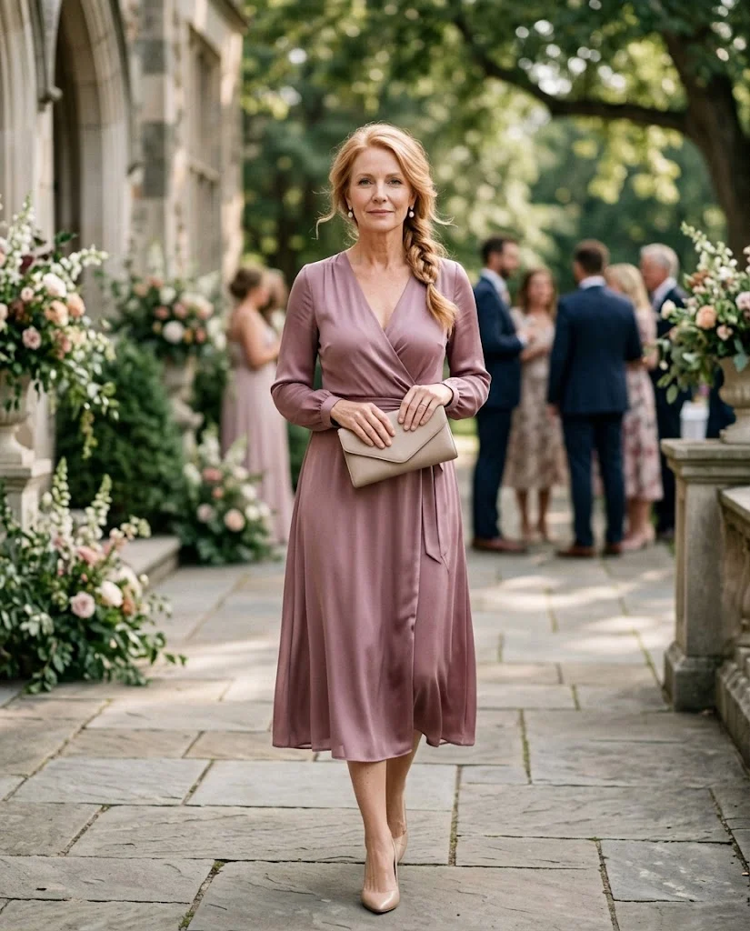 Mauve Long-Sleeve Wrap Dress with Nude Pumps, a fall wedding guest outfit for women over 50