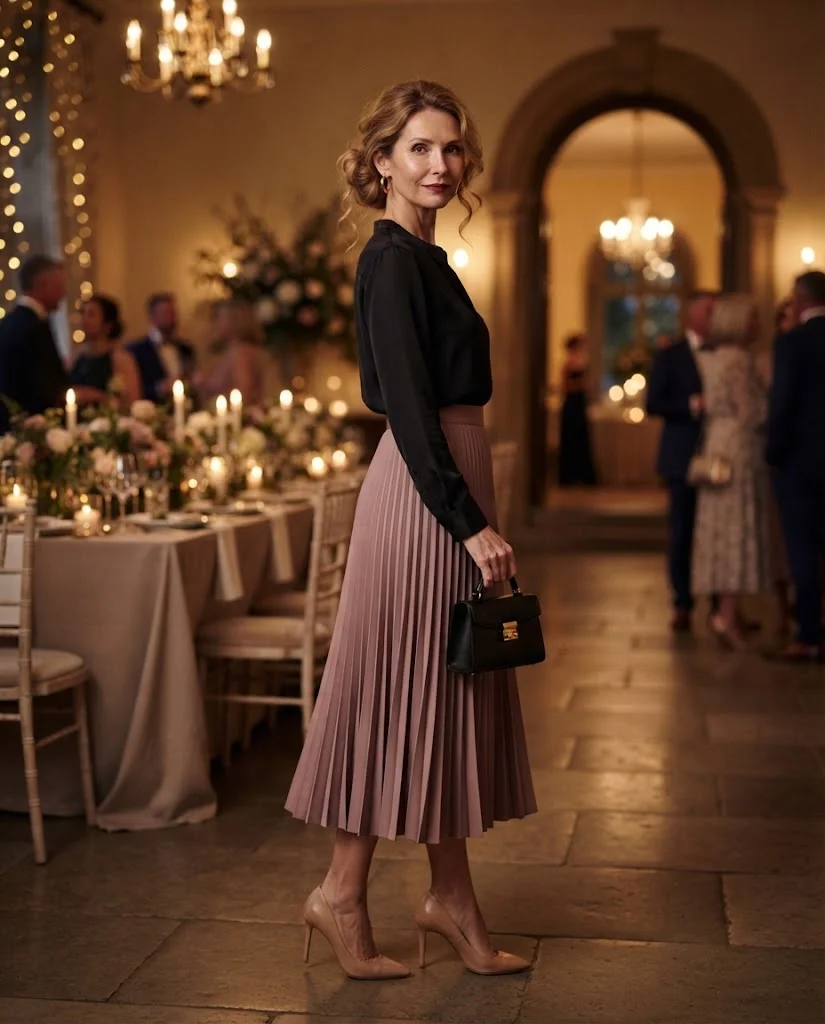 Mauve Pleated Skirt with Black Blouse, a semi-formal wedding guest outfit for women over 50