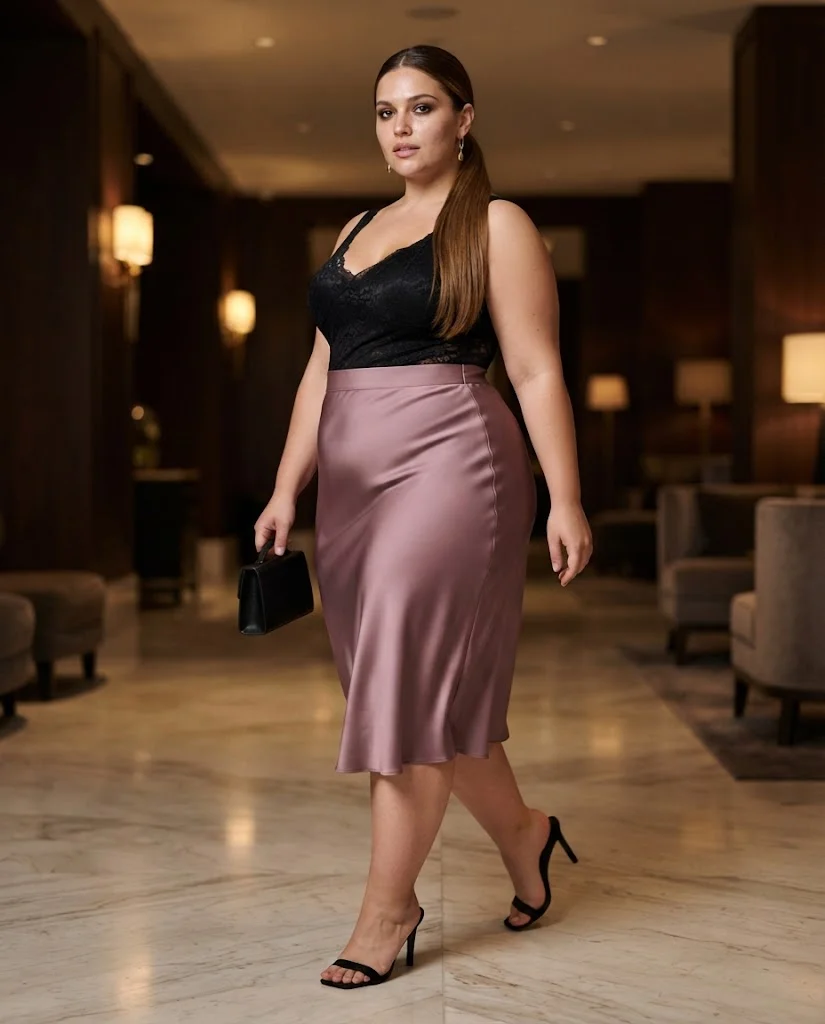 Mauve Satin Midi Skirt With a Black Lace Top Plus Size Cocktail Party Outfit