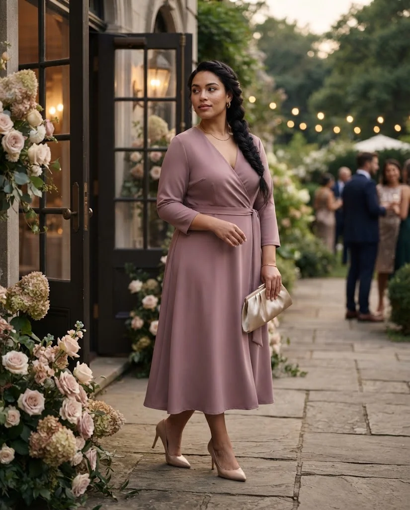  women wearing Mauve Wrap Dress With Nude Pumps
