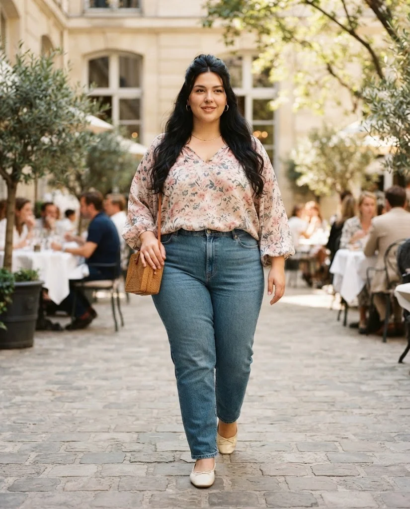 Plus Size Brunch Outfits for Women: 15 Stylish Ideas 4 Medium-Wash Straight Jeans With a Floral Blouse Plus Size Brunch Outfit