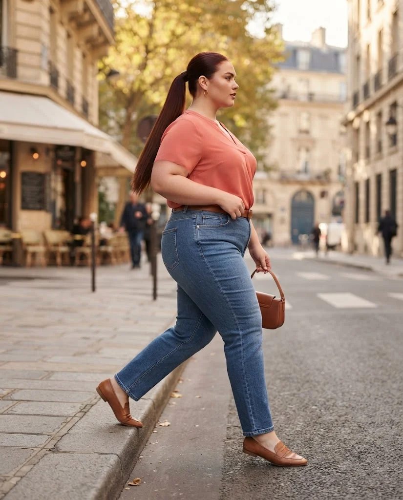 Medium-Wash Straight-Leg Jeans With a Coral Blouse Plus Size Casual Outfit