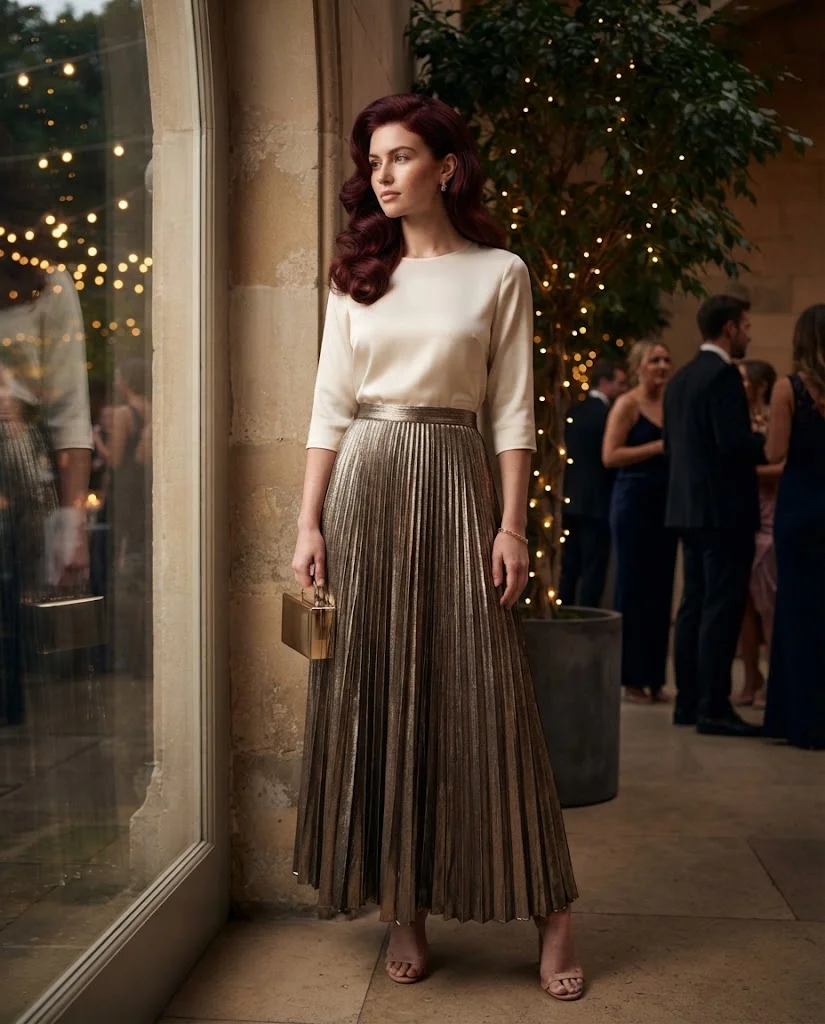 women wearing Metallic Pleated Skirt With a Simple Blouse
