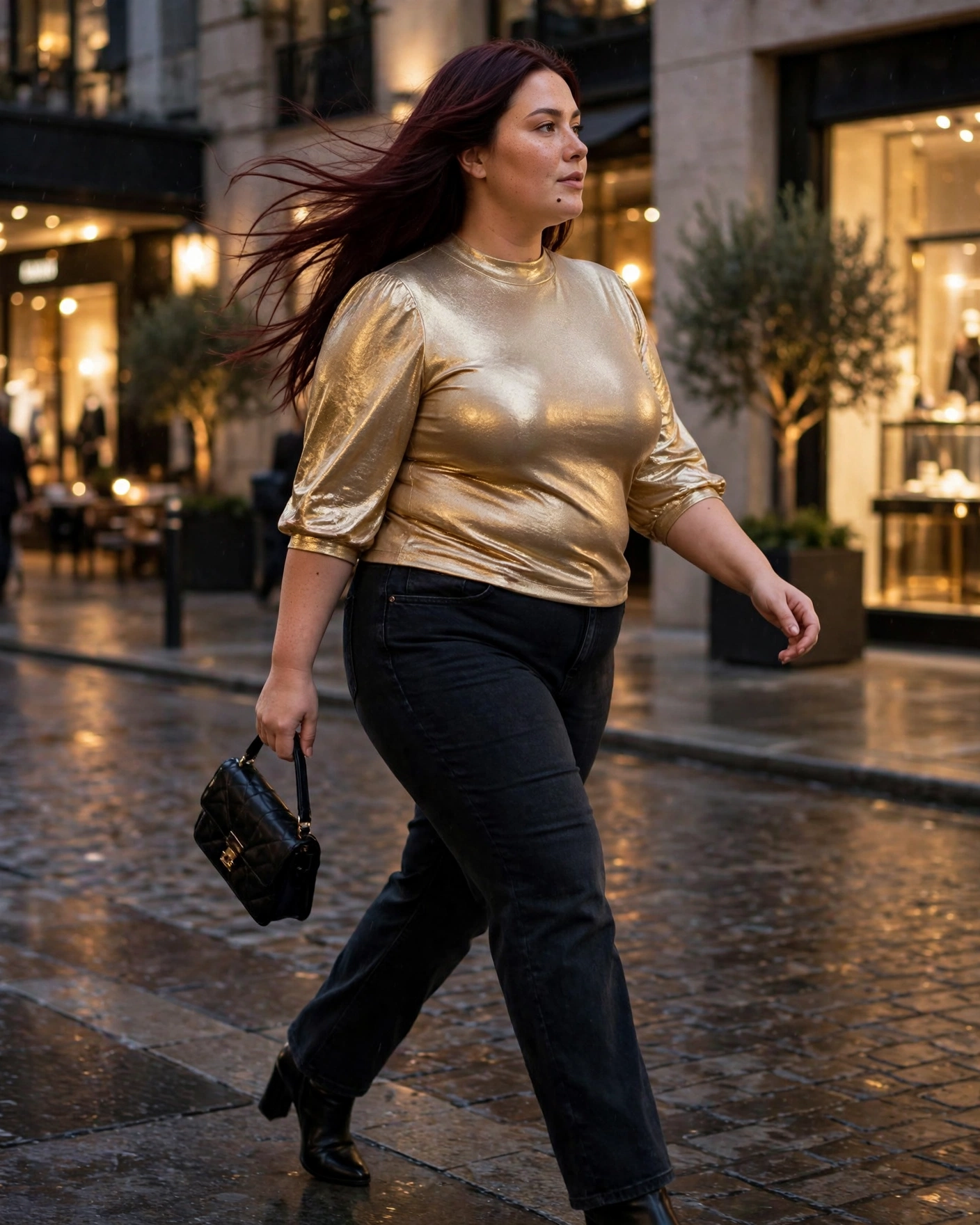 Metallic Top With Dark Straight-Leg Jeans Plus Size Fall Night Out Outfit